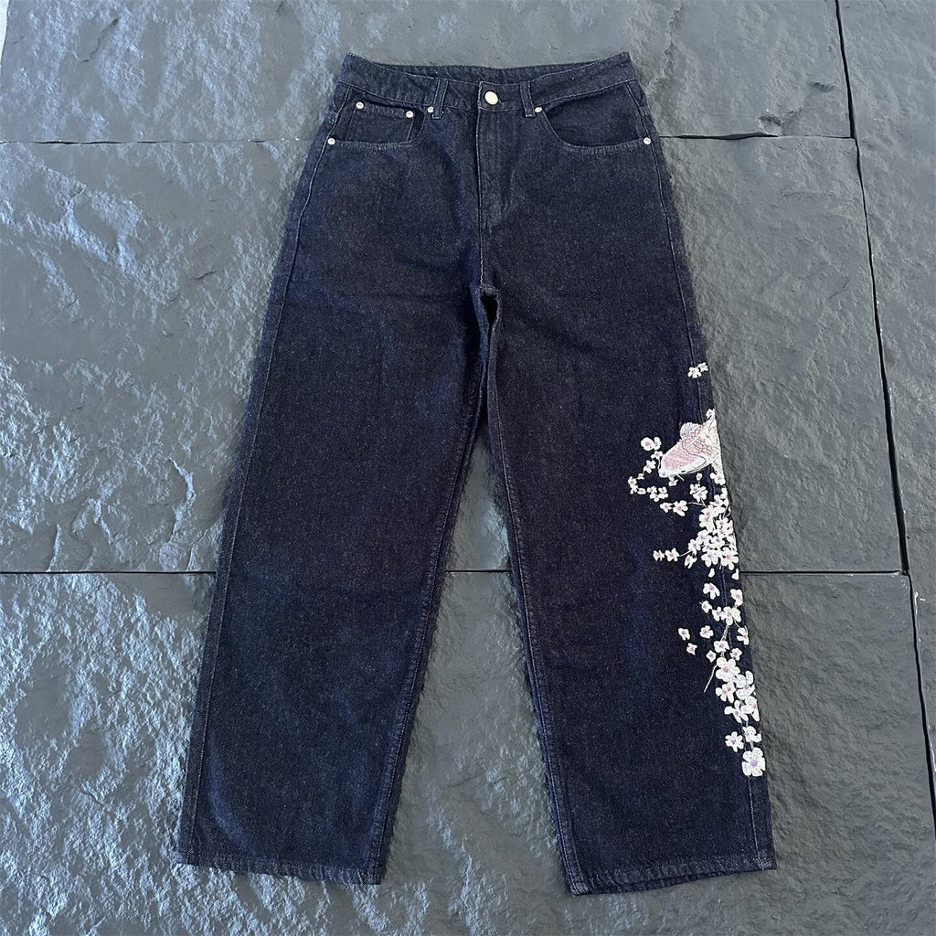 derschutze American retro heavy embroidery washed distressed jeans, unisex loose wide-leg trendy trousers