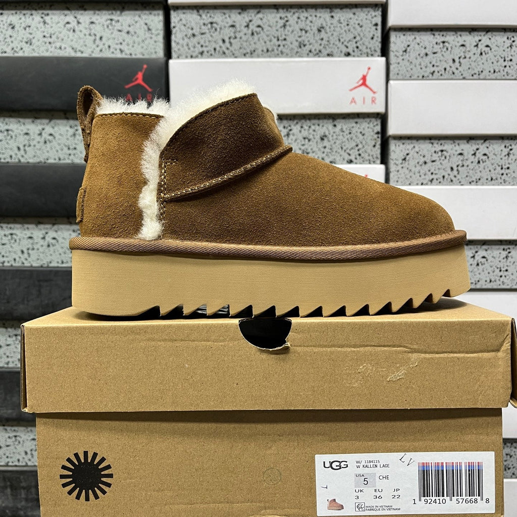 UGG Classic Ultra Mini Platform Women's Boot – Suede Ankle Boot with Cream Shearling Lining, Tonal Pull Loop & Chunky Serrated Platform Sole in Chestnut