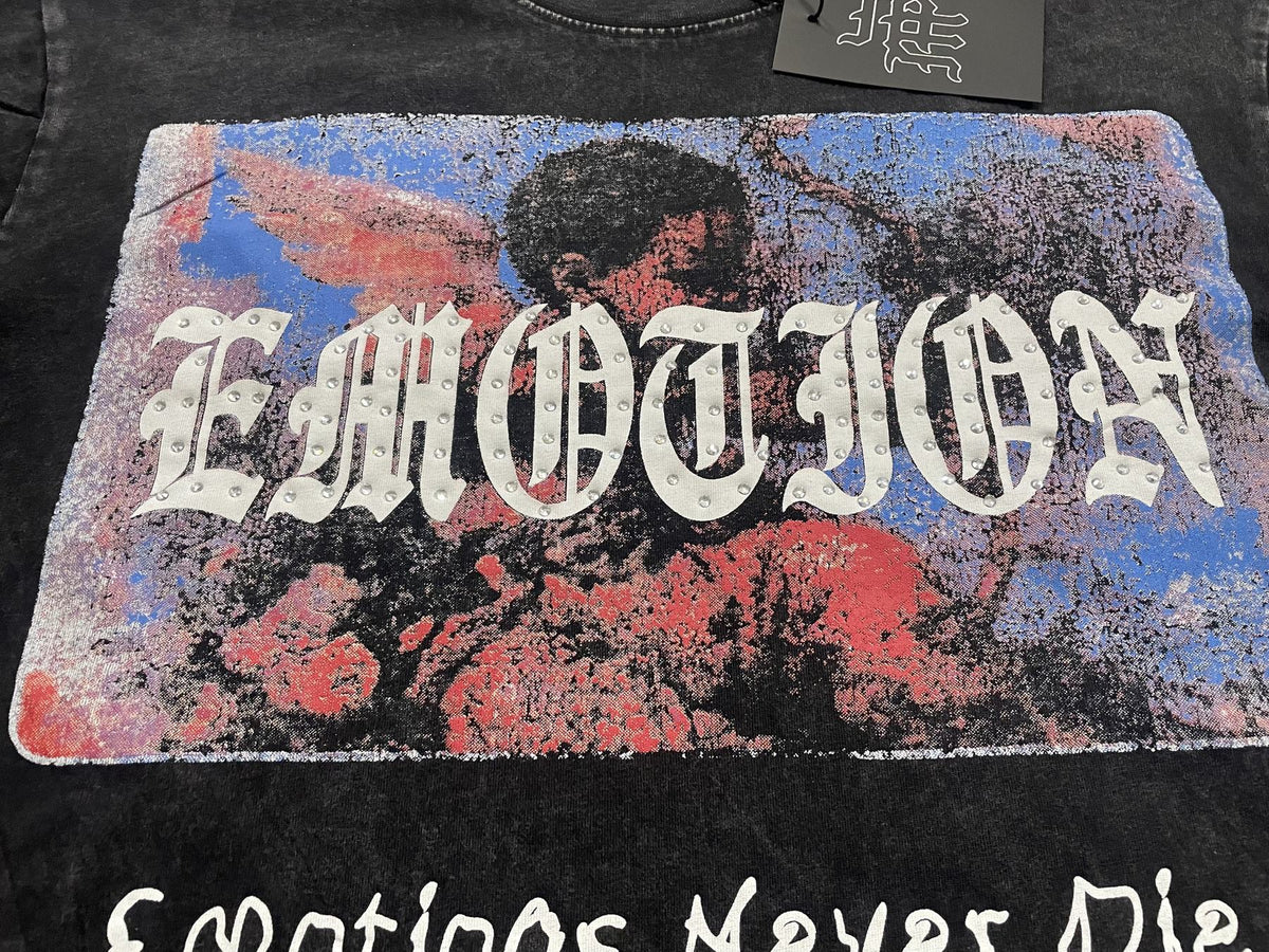 MIXED EMOTION Rhinestone Graphic Acid-Wash T-Shirt