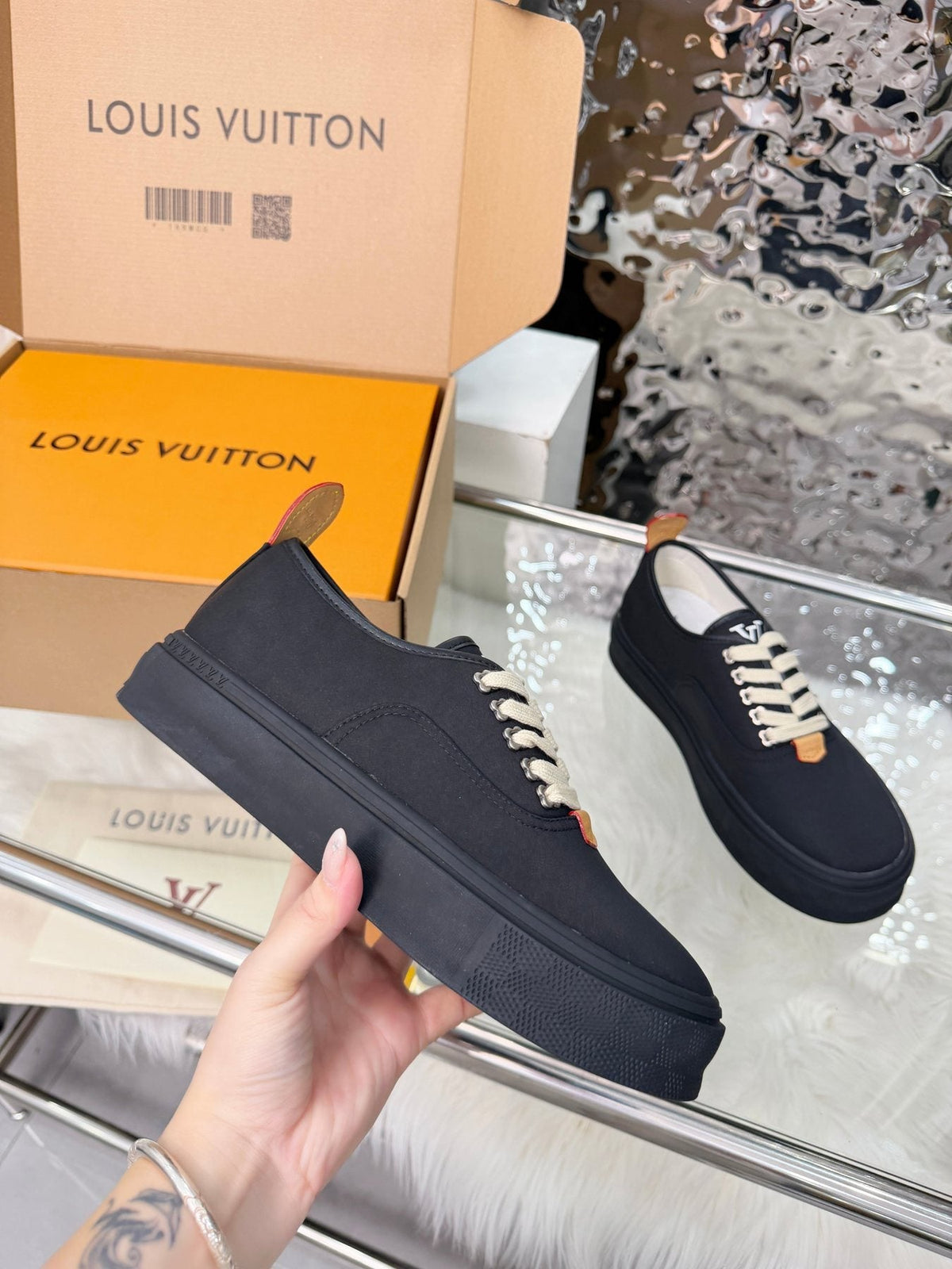 Louis Vuitton Black White-Lace Low-Top Sneakers