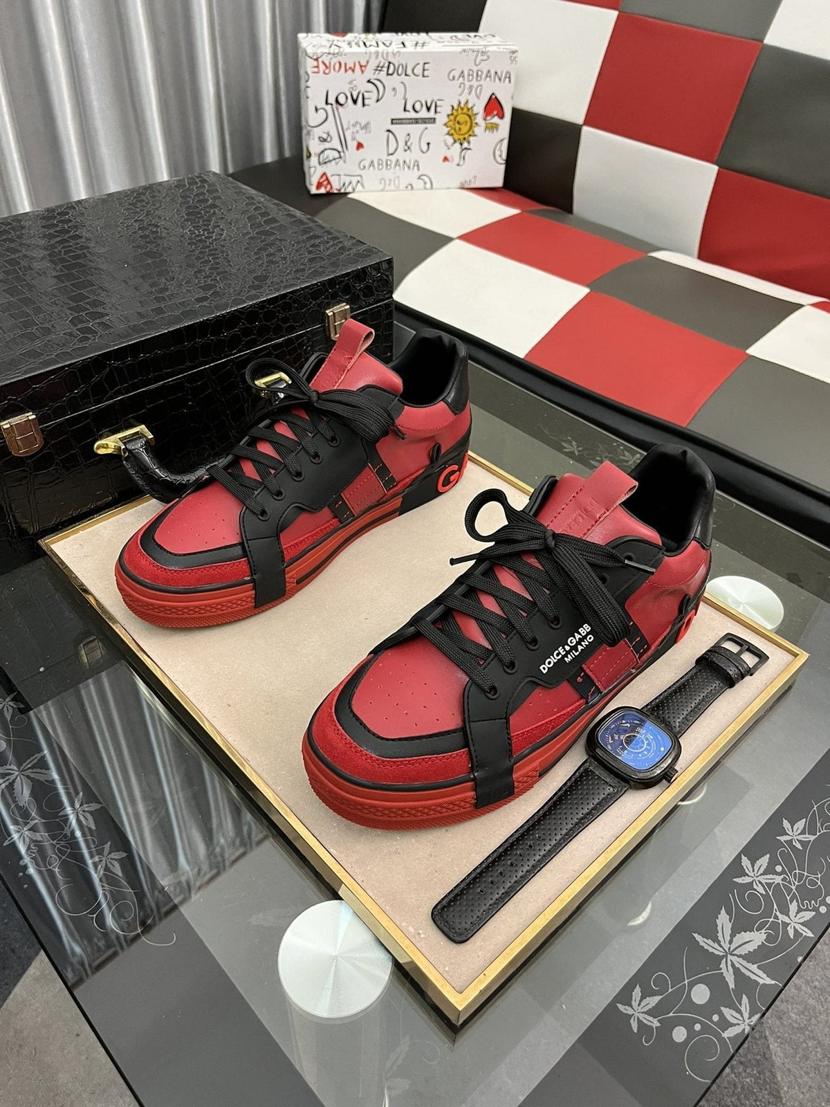 Dolce & Gabbana Red and Black Panel Sneakers