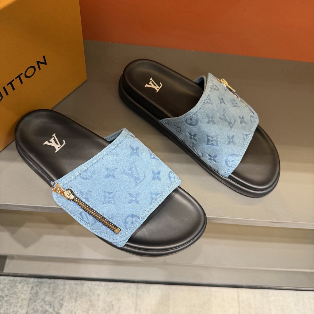 Louis Vuitton Light Blue Zip-Accent Slide Sandals