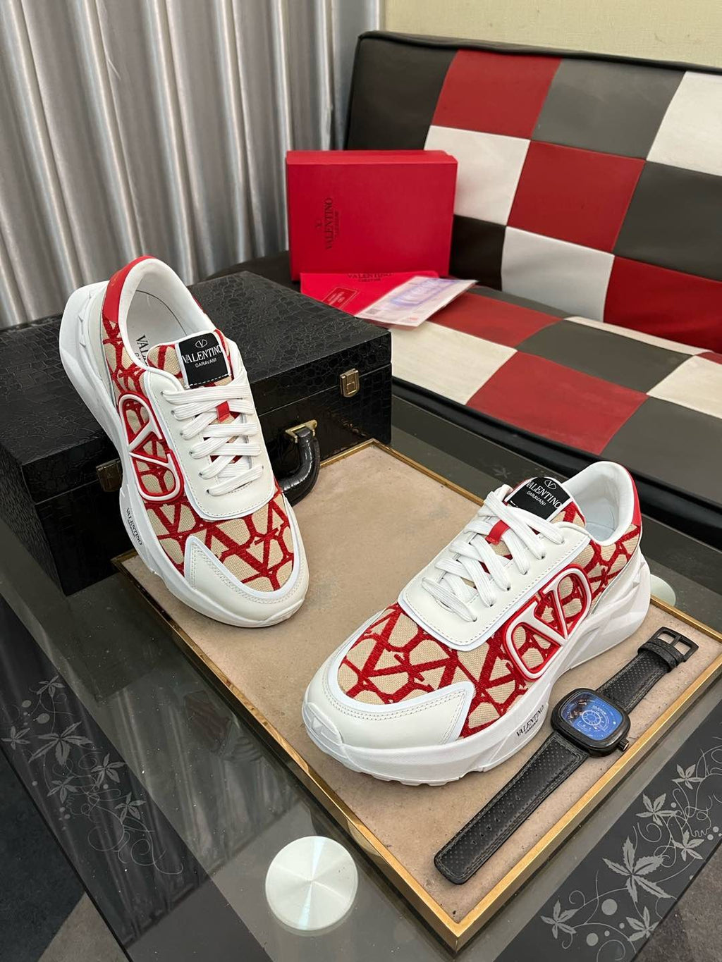 Valentino White and Red Patterned Sneakers