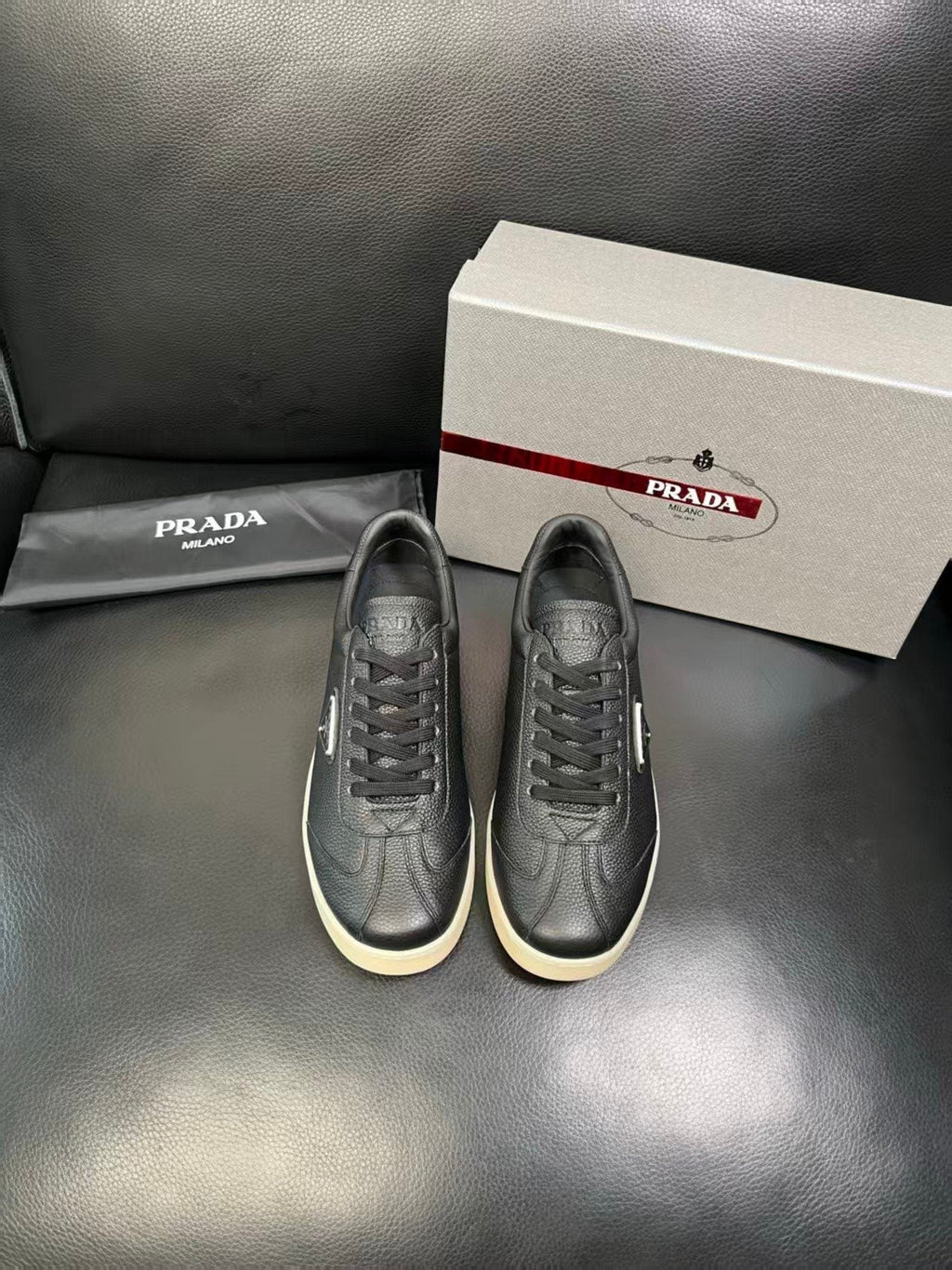 Prada Triangle Logo Low-Top Sneakers - Smooth Leather Upper