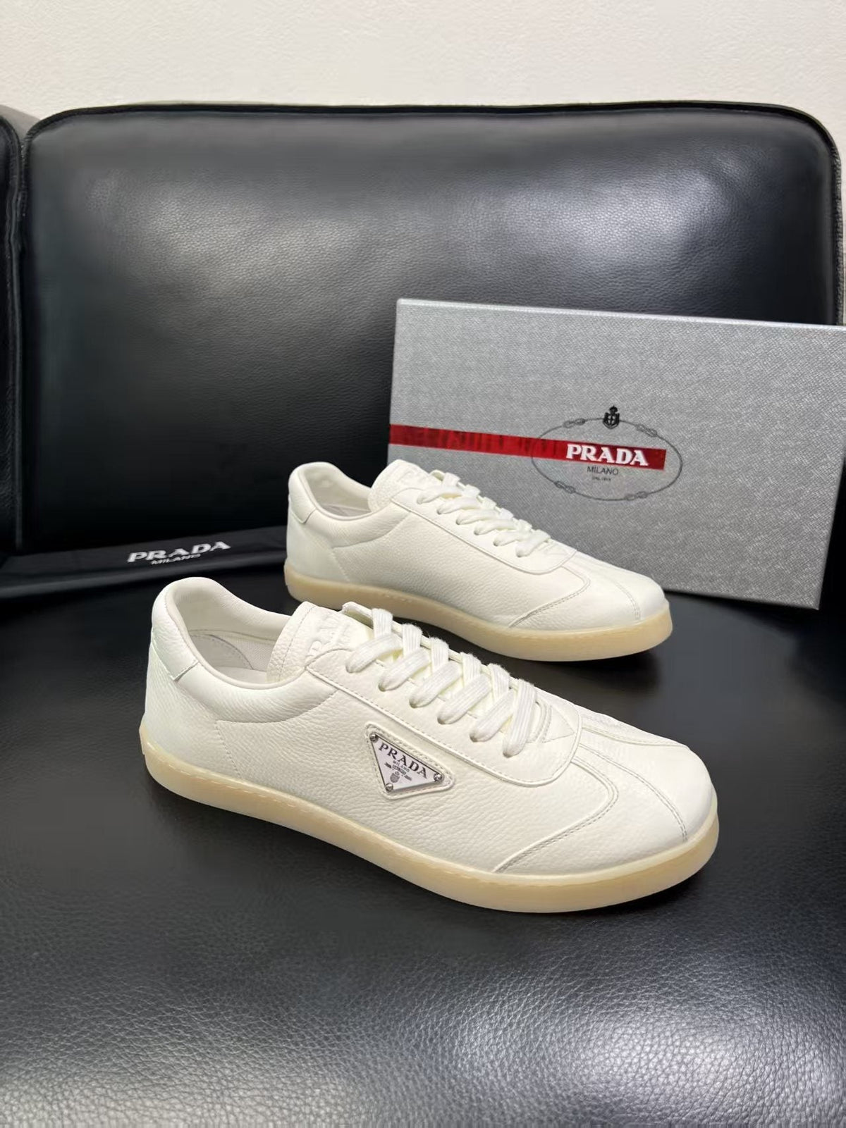 Prada Triangle Logo Low-Top Sneakers - Smooth Leather Upper