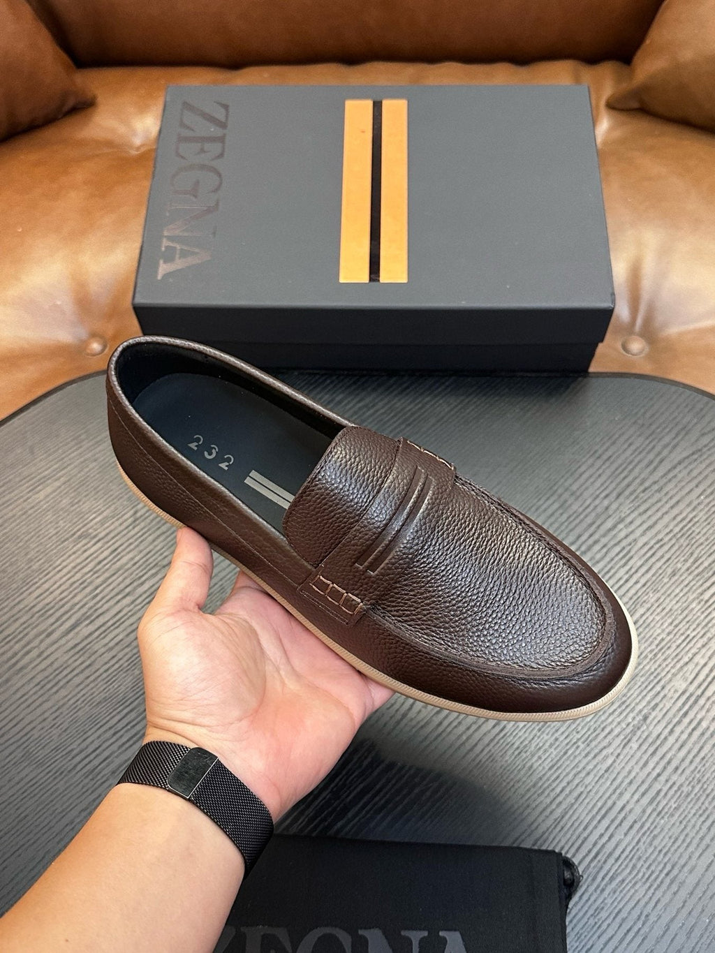 Zegna Textured Leather Strap Loafers