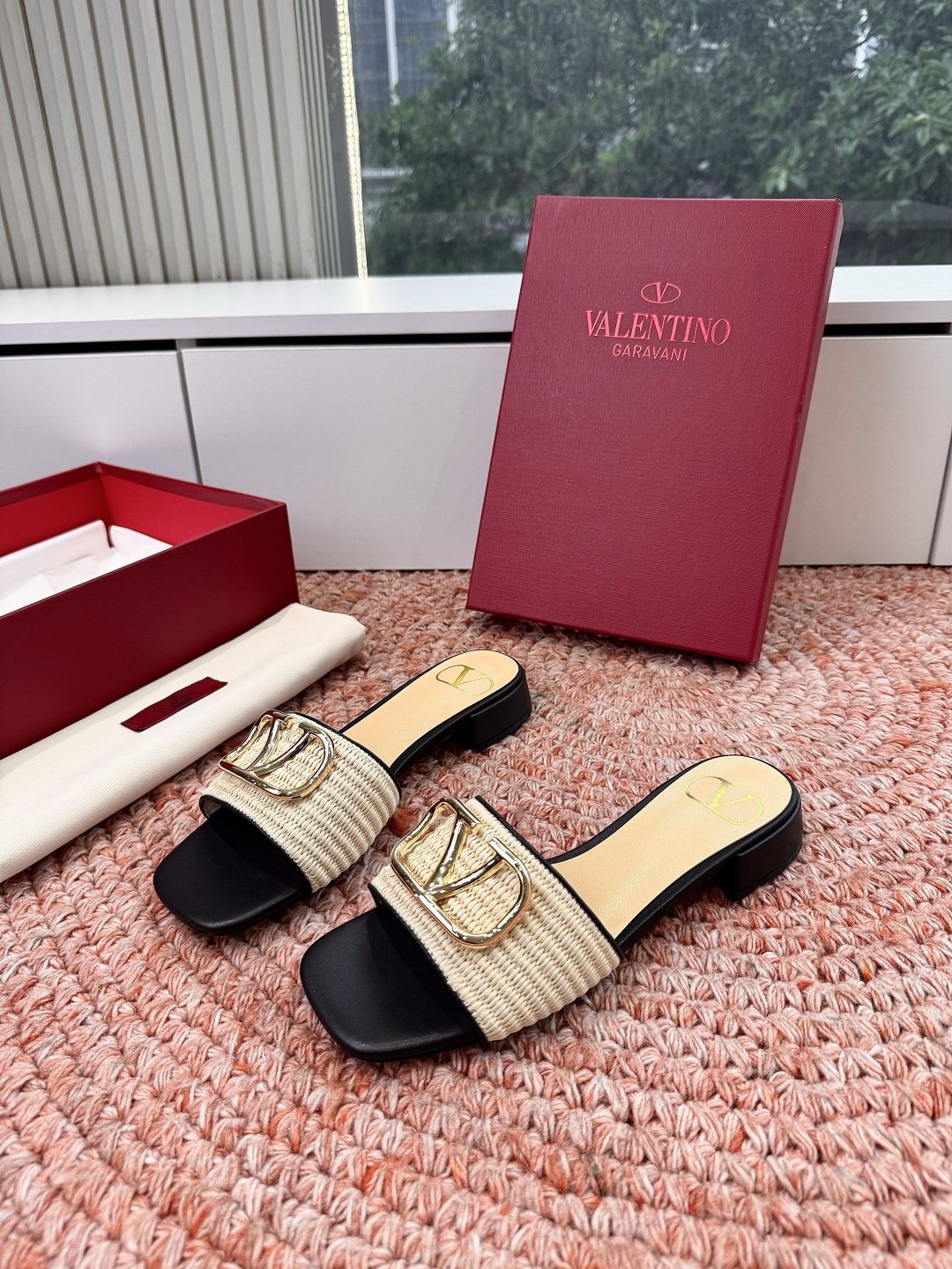 Valentino Woven Strap Slide Sandals